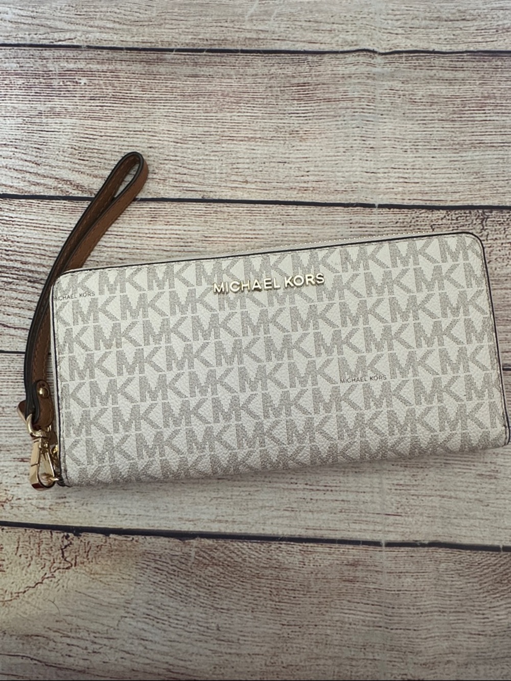 Michael Kors Cream Signature MK Zip Wristlet Large Wallet with Brown Strap